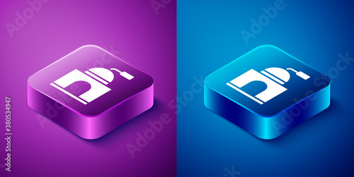 Isometric Manual coffee grinder icon isolated on blue and purple background. Square button. Vector Illustration.