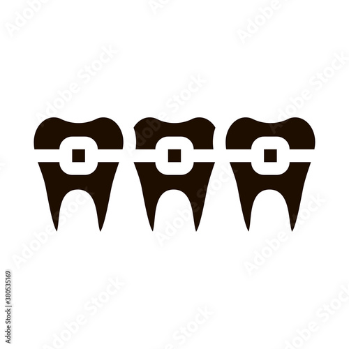 Dentist Stomatology Teeth Braces Vector Sign Icon . Teeth Braces Bracket, Orthodontic Appliance Pictogram. Chairside Assistance Dental Health Service Monochrome Illustration