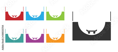 Black Skate park icon isolated on white background. Set of ramp, roller, stairs for a skatepark. Extreme sport. Set icons colorful. Vector Illustration.