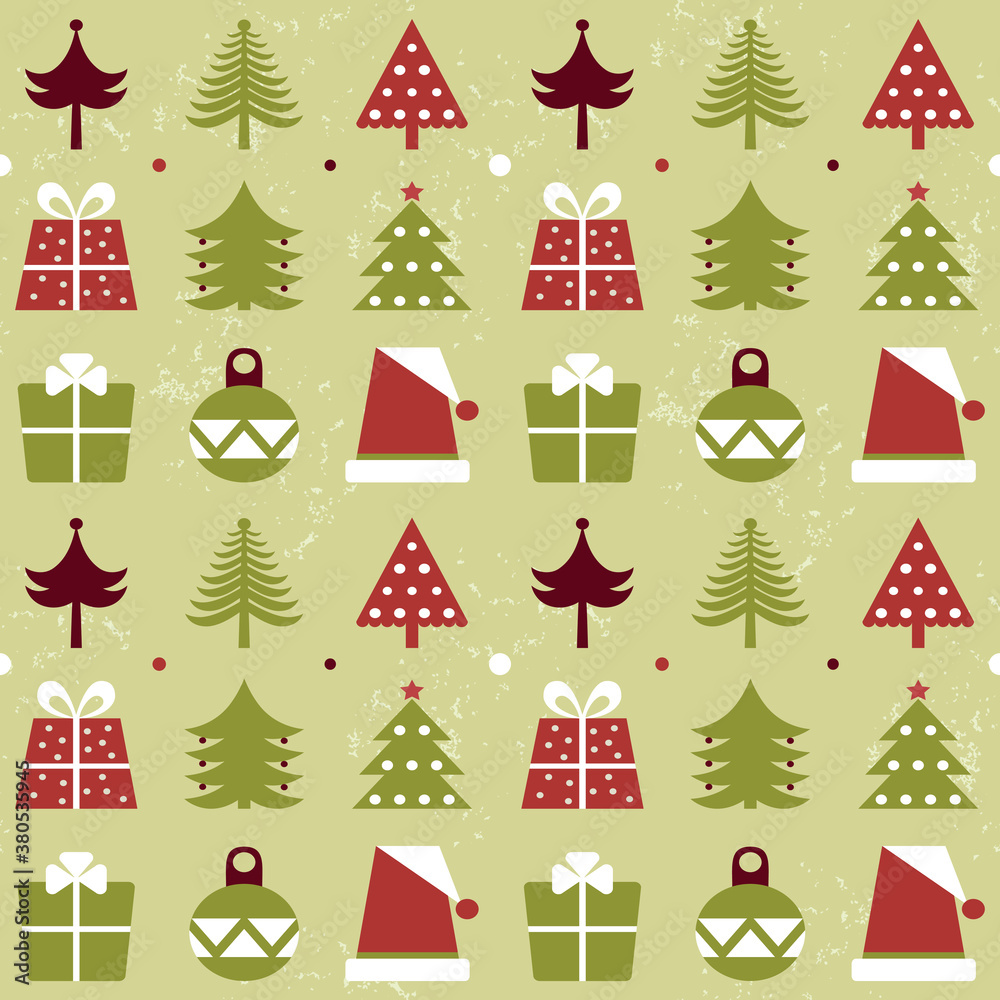 Seamless Christmas pattern with trees, toys, gifts and caps. Seamless Christmas pattern with trees, toys, gifts and caps.