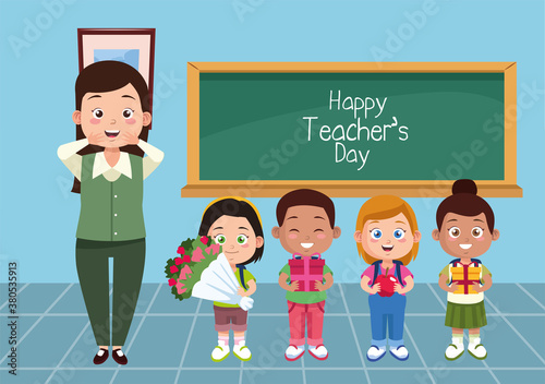teacher female with kids students in classroom