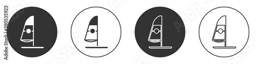Black Windsurfing icon isolated on white background. Circle button. Vector Illustration.