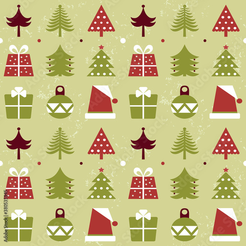 Seamless Christmas pattern with trees, toys, gifts and caps.