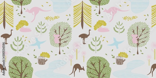 Australia seamless pattern with Australian traditional animals: kangaroo, koala, ostrich, parrot. Vector stock illustration. Safari plants, trees and bushes in Scandinavian simple style for fabric. photo