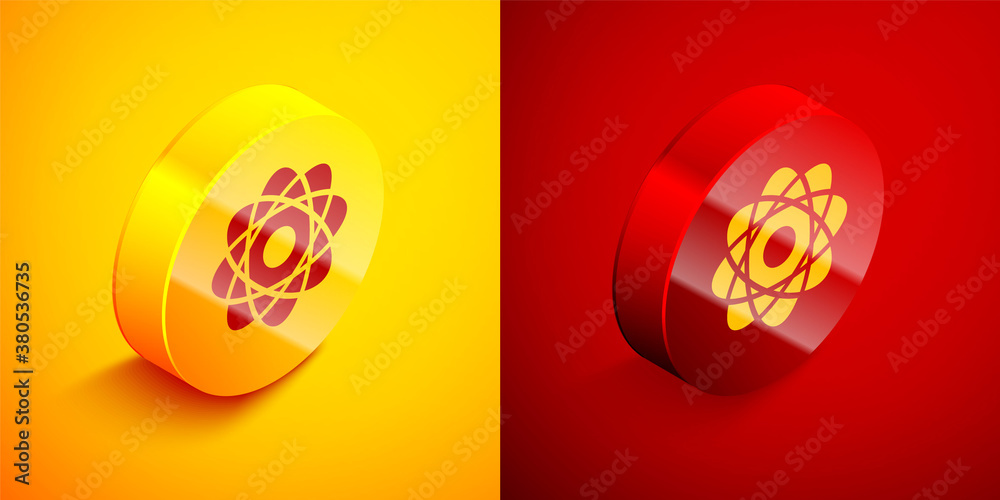 Isometric Atom icon isolated on orange and red background. Symbol of science, education, nuclear physics, scientific research. Circle button. Vector Illustration. Isometric Atom icon isolated on orange and red background. Symbol of science, education, nuclear physics, scientific research. Circle button. Vector Illustration.