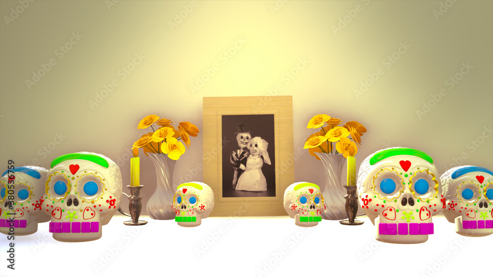 Obraz premium A traditional Day of the dead, Mexican ofrenda with a picture of skulls 3D illustration on a white table