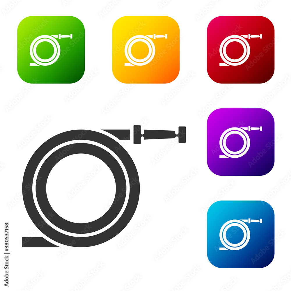 Black Garden hose or fire hose icon isolated on white background. Spray gun icon. Watering equipment. Set icons in color square buttons. Vector Illustration. Black Garden hose or fire hose icon isolated on white background. Spray gun icon. Watering equipment. Set icons in color square buttons. Vector Illustration.