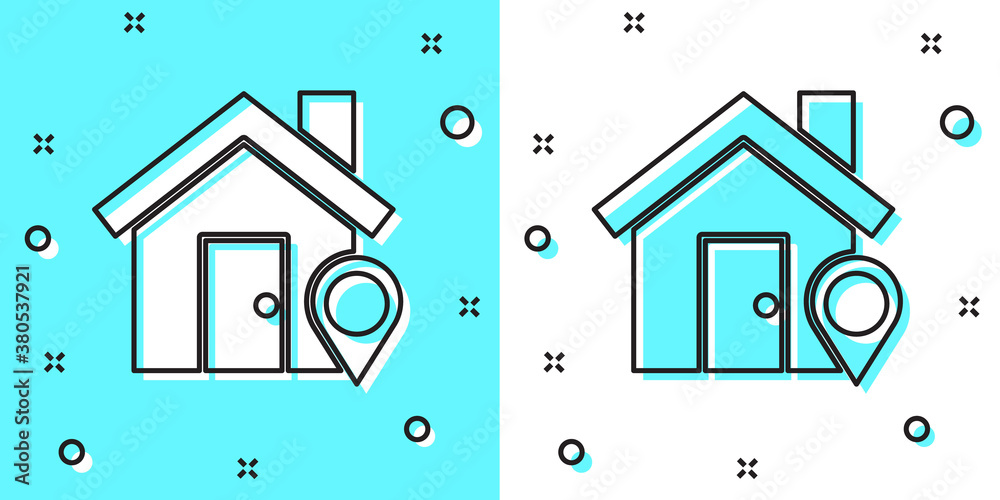 Black line Map pointer with house icon isolated on green and white background. Home location marker symbol. Random dynamic shapes. Vector Illustration.