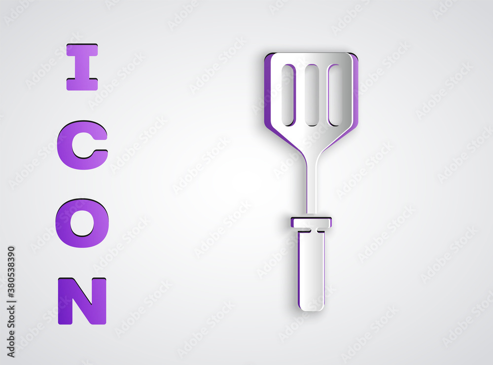 Paper cut Spatula icon isolated on grey background. Kitchen spatula icon. BBQ spatula sign. Barbecue and grill tool. Paper art style. Vector Illustration. Paper cut Spatula icon isolated on grey background. Kitchen spatula icon. BBQ spatula sign. Barbecue and grill tool. Paper art style. Vector Illustration.