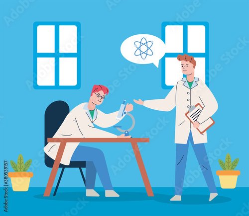 male scientifics with microscope and atom research vaccine