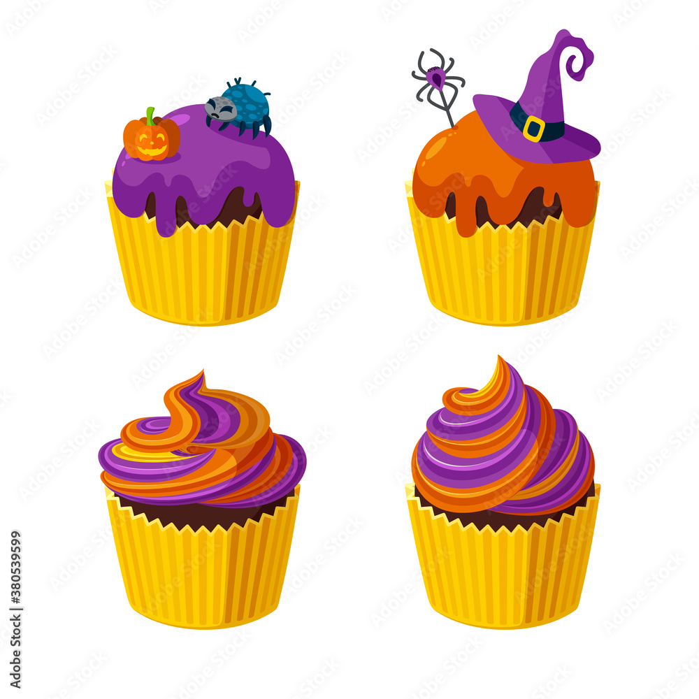 Halloween cupcakes with spiders, witch hat and spiral frosting. Desserts for Halloween party. Vector illustration in cute cartoon style