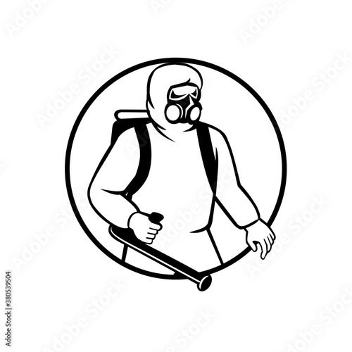 Industrial Worker Essential Worker or Pest Exterminator Wearing Respiratory Protective Equipment Spraying Disinfectant Black and White