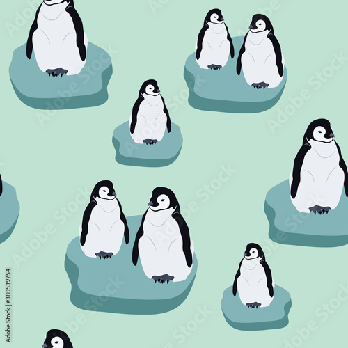 Seamless realistic vector illustration with penguins on ice floes.