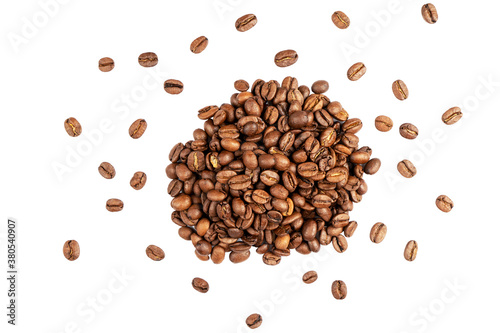 Coffee beans isolated on white background. Close up coffee beans isolated over white with clipping path. Freshly roasted dark brown arabica coffee beans isolated.