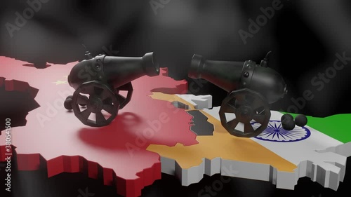 Two mounted cannons facing each other near the Indo-China border. Concept of Sino-Indian border conflict. 3D rendered animation in loop.