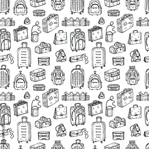 Seamless pattern with cute hand drawn baggage icons. Different types of travel bags. Vector collection