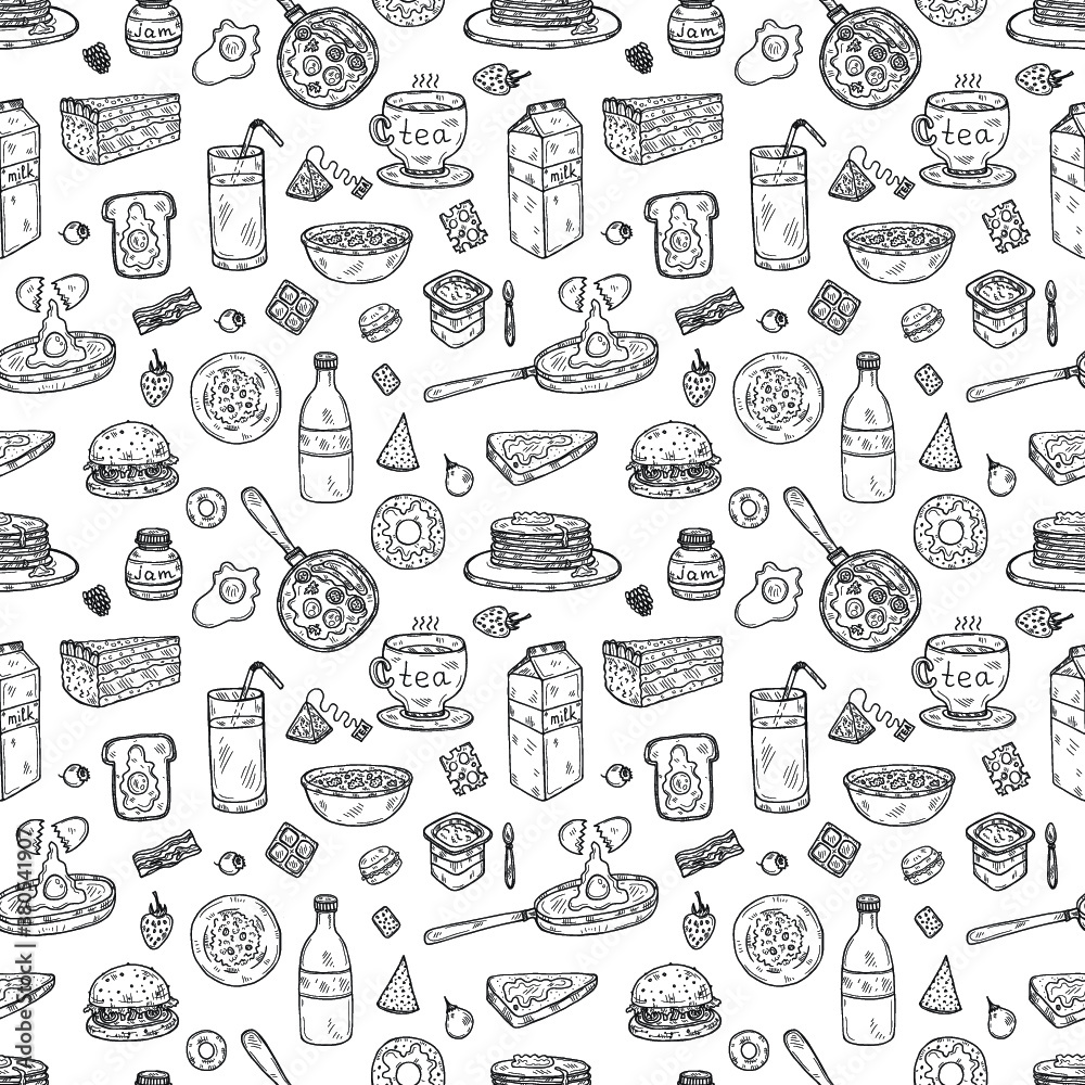 Seamless pattern with cute hand drawn breakfast icons. Doodle vector collection. Food illustration