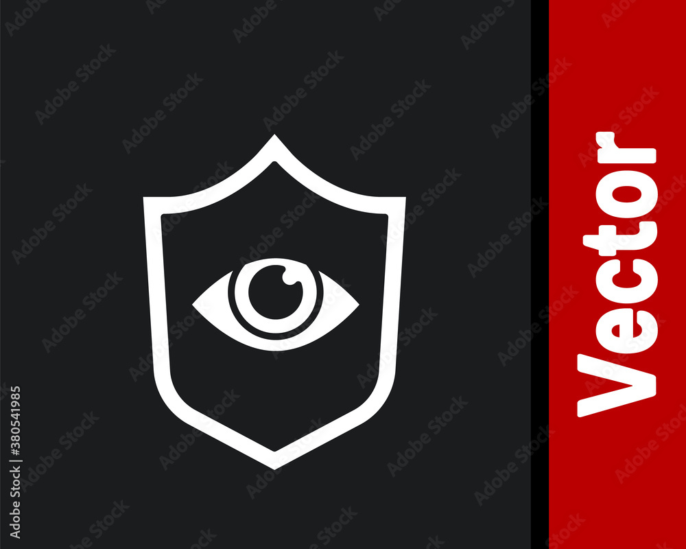 White Shield and eye icon isolated on black background. Security, safety, protection, privacy concept. Vector. White Shield and eye icon isolated on black background. Security, safety, protection, privacy concept. Vector.