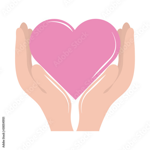 breast cancer awareness month, hands holding pink heart love support, healthcare concept flat icon style