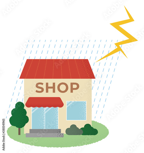 雷雨の被害に遭うショップのベクターイラスト