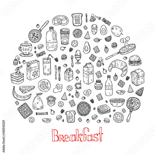 Composition with cute hand drawn breakfast icons. Doodle vector collection. Good morning food illustration