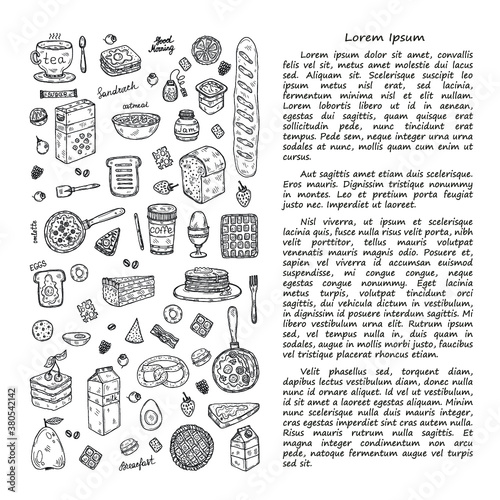 Illustration with cute hand drawn breakfast icons. Doodle vector collection. Good morning food illustration