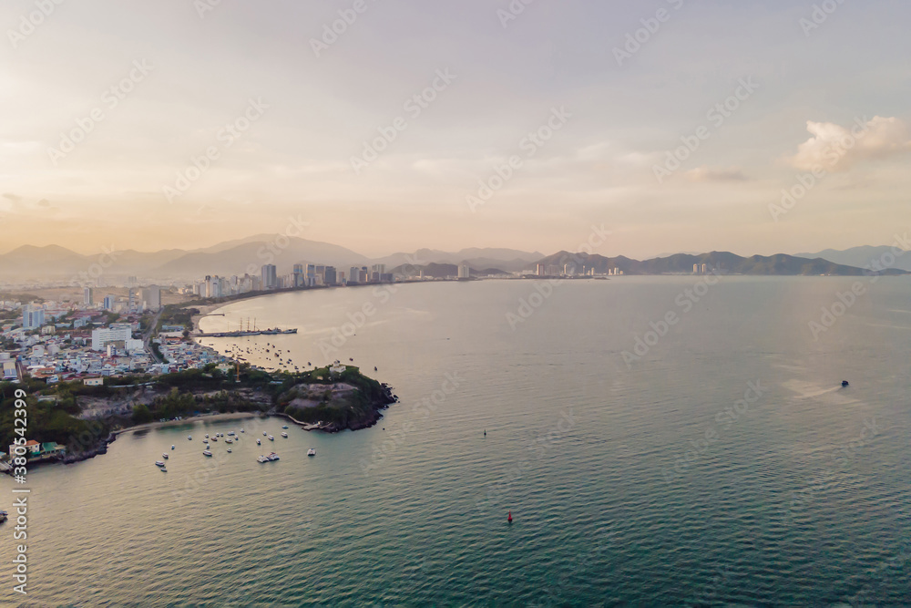 The cable car at Nha Trang beach. Aerial view from drone