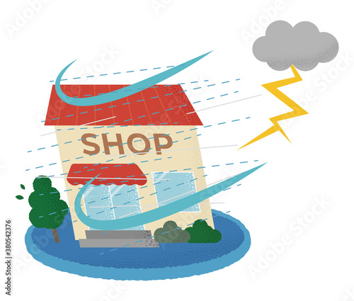 雷雨の被害に遭うショップのベクターイラスト