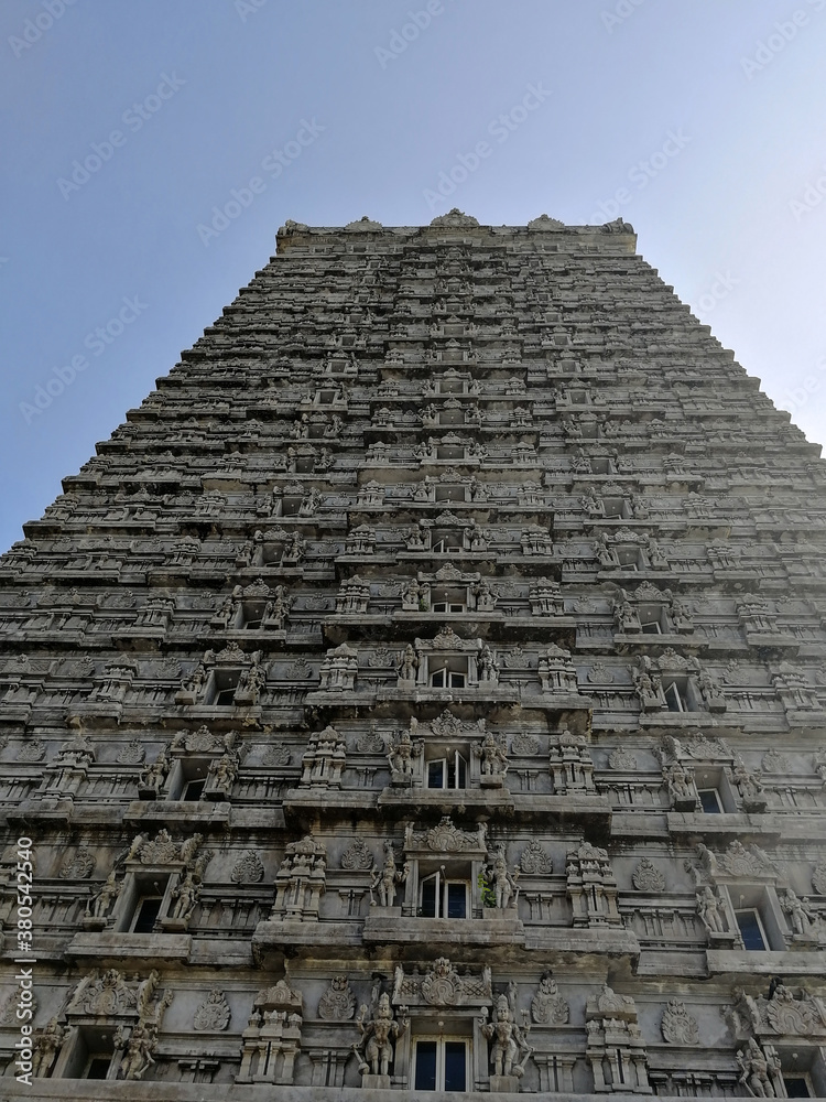 Bottom view of the 20-story Gopur in the Murdeshwar Temple. State of Karnataka, India.