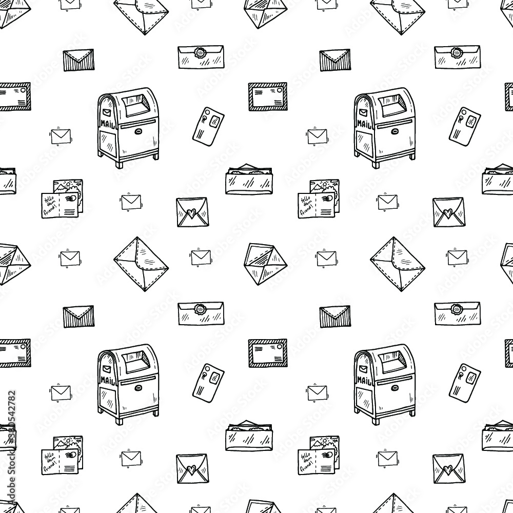 Seamless pattern with mail and post. Hand drawn vector collection. Post and delivery icons.