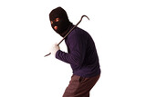 Masked thief holds steel crowbar in preparation for a pry, turned to look with a doubtful expression Isolated on white background