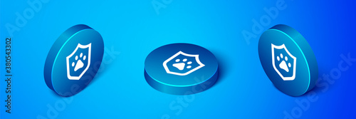 Isometric Animal health insurance icon isolated on blue background. Pet protection concept. Dog or cat paw print. Blue circle button. Vector.