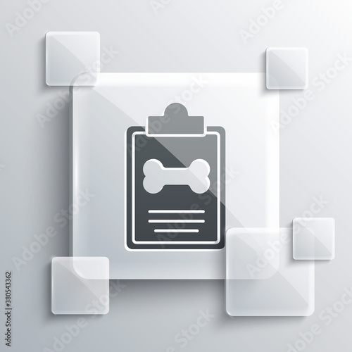Grey Clipboard with medical clinical record pet icon isolated on grey background. Health insurance form. Medical check marks report. Square glass panels. Vector.