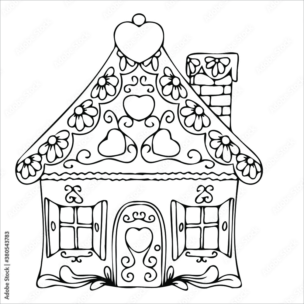 line drawn gingerbread houses, cookies, Christmas sweets and treats, gingerbread house shaped gingerbread cookies with decorations, fairy tale houses coloring book. Vector illustration line drawn gingerbread houses, cookies, Christmas sweets and treats, gingerbread house shaped gingerbread cookies with decorations, fairy tale houses coloring book. Vector illustration
