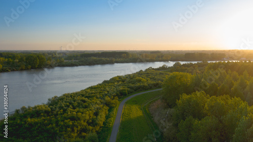 Aerial view of the Scheldt river  at sunset