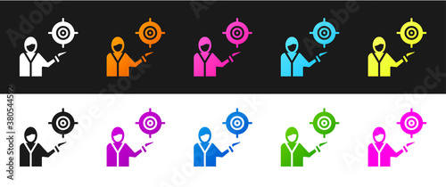 Set Marketing target strategy concept icon isolated on black and white background. Aim with people sign. Vector.