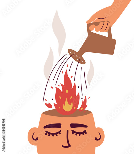 Human hand with watering can putting out fire in burning brain. Psychological therapy help concept. Burnout, stress, emotional problem, mental illness. Angry man or woman. Healing vector illustration