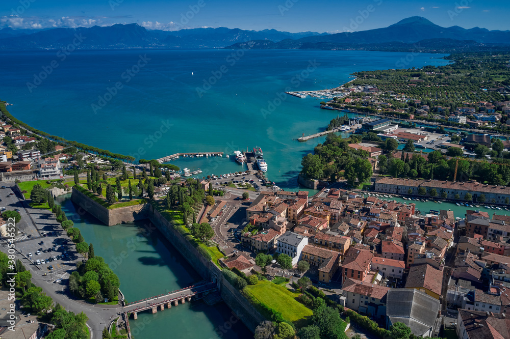Peschiera del Garda, Garda Lake, Italy. Coast of the largest in Italy Garda lake. Aerial view at high altitude