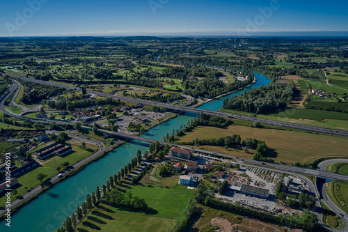 Panoramic aerial view of Lake Garda  the city of Peschiera del Garda. Aerial view at high altitude. Aerial photography with drone.