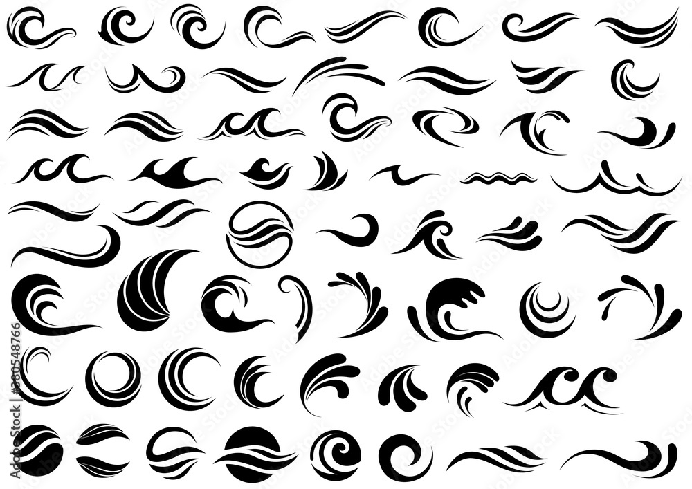 Waves Design Shapes Collection Isolated on White Background - Set of 60 Illustrations, Vector - obrazy, fototapety, plakaty 