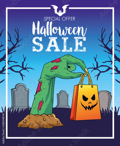 halloween sale seasonal poster with death hand lifting shopping bag in cemetery