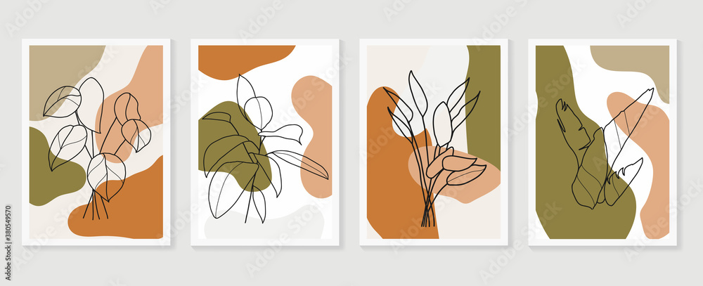 Botanical wall art vector set. boho Foliage line art drawing with  abstract shape.  Abstract Plant Art design for print, cover, wallpaper, Minimal and  natural wall art.