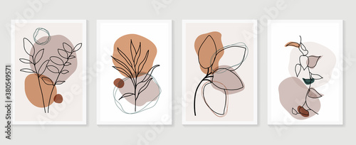 Botanical wall art vector set. boho Foliage line art drawing with  abstract shape.  Abstract Plant Art design for print, cover, wallpaper, Minimal and  natural wall art.