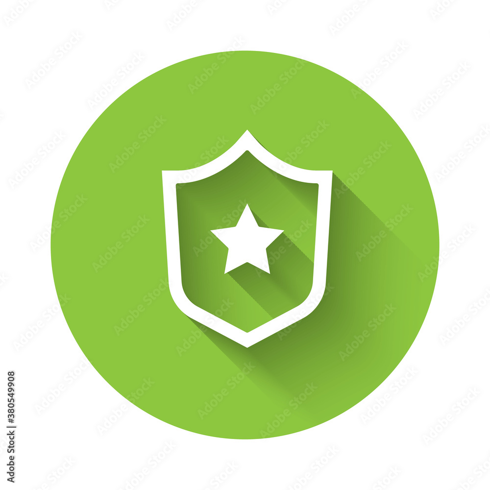 White Police badge icon isolated with long shadow. Sheriff badge sign. Shield with star symbol. Green circle button. Vector. White Police badge icon isolated with long shadow. Sheriff badge sign. Shield with star symbol. Green circle button. Vector.