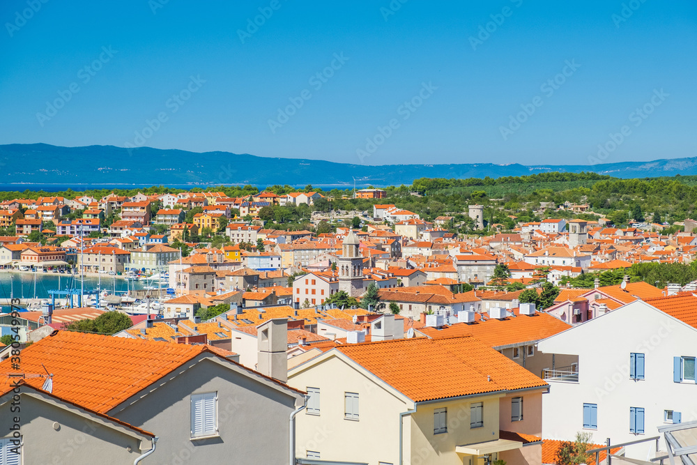 Panoramic view of town of Cres on the island of Cres in Croatia, beautiful Adriatic seascape