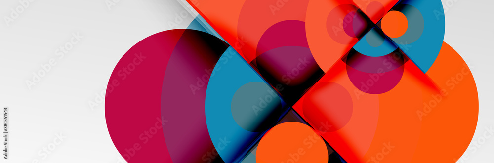 Bright color circles, abstract round shapes and triangles composition with shadow effects. Vector modern geometric design template Bright color circles, abstract round shapes and triangles composition with shadow effects. Vector modern geometric design template