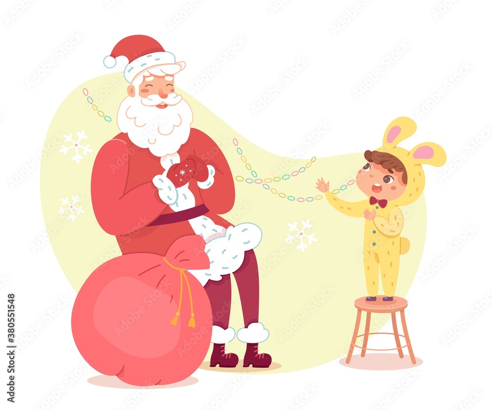 Kid in rabbit costume telling Santa poem at Christmas party. Cute happy child wearing xmas suit vector illustration. Boy standing on chair, talking to santa with bag of presents