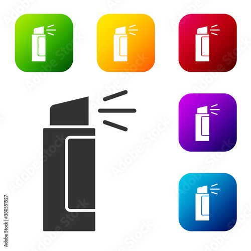 Black Pepper spray icon isolated on white background. OC gas. Capsicum self defense aerosol. Set icons in color square buttons. Vector.