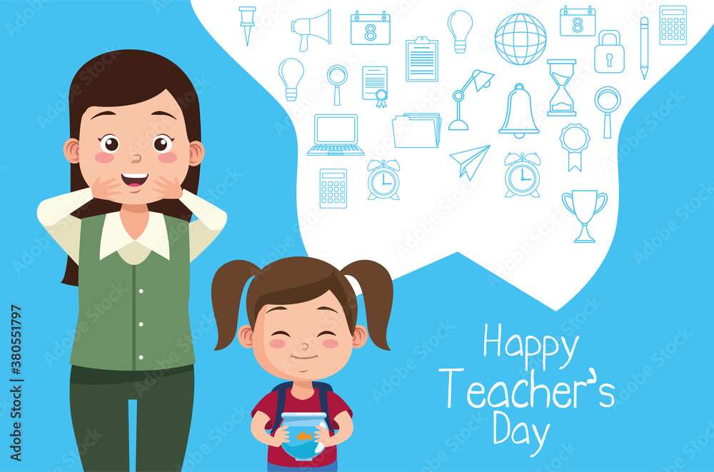 girl student with aquarium and teacher woman