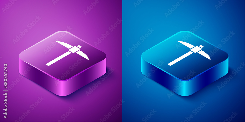 Isometric Pickaxe icon isolated on blue and purple background. Blockchain technology, cryptocurrency mining, bitcoin, digital money market, cryptocoin wallet. Square button. Vector. Isometric Pickaxe icon isolated on blue and purple background. Blockchain technology, cryptocurrency mining, bitcoin, digital money market, cryptocoin wallet. Square button. Vector.